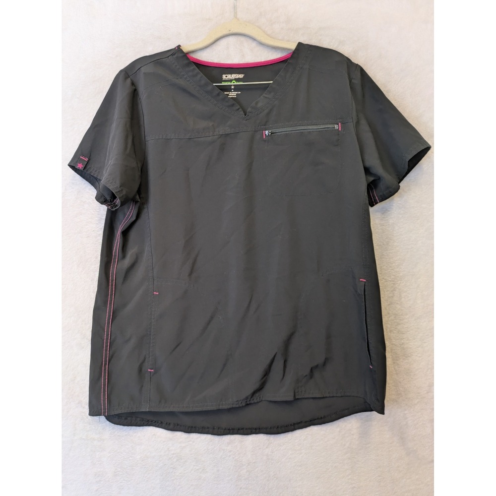 Scrubstar Women's Size M Black V-Neck Scrub Top Pink Trim Ethical Fabric‎